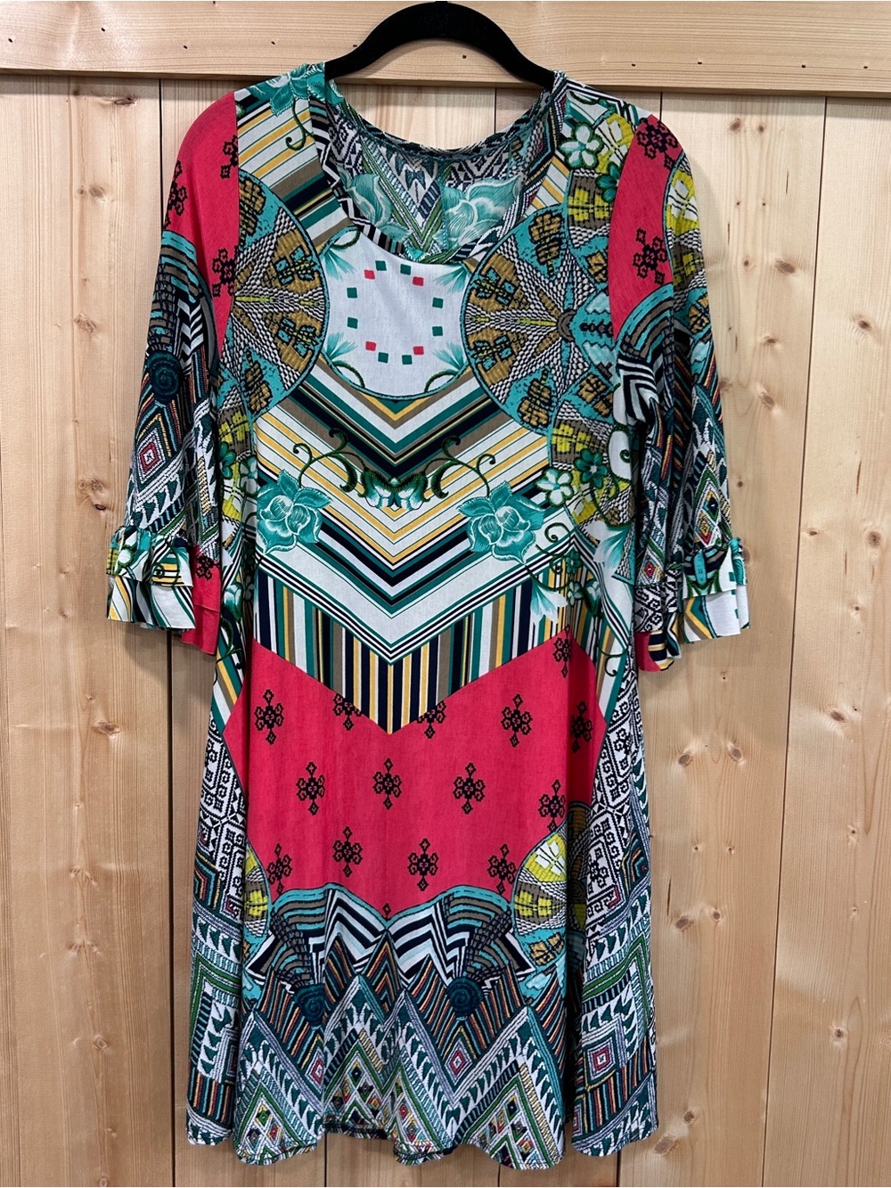 Vintage Boho Chic Abstract Geometric Print Mini Dress Bell Sleeves, Small